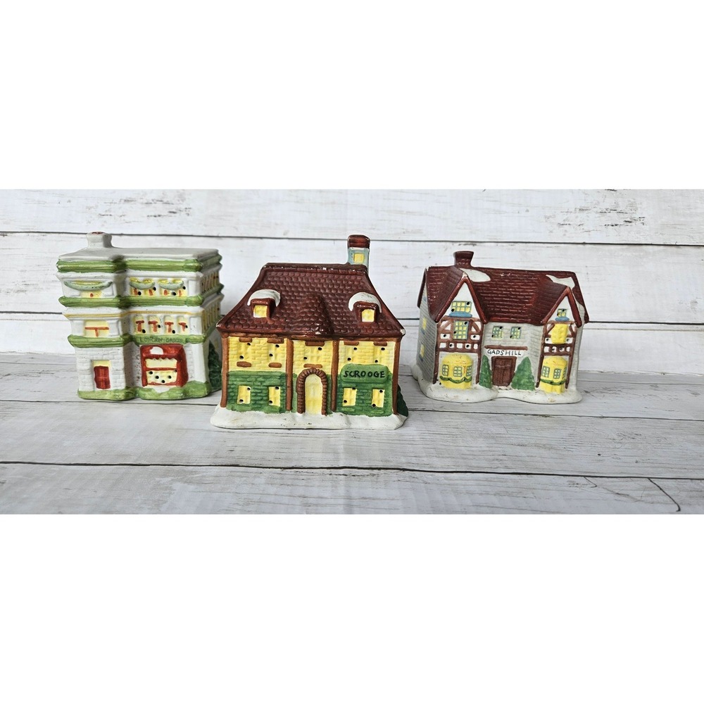 1991 National Rennoc Christmas Village Scrooge Gads Hill London Grocer Set of 3‎